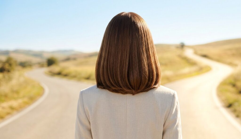 逃げ道を探して、道の分岐点に立つ女性