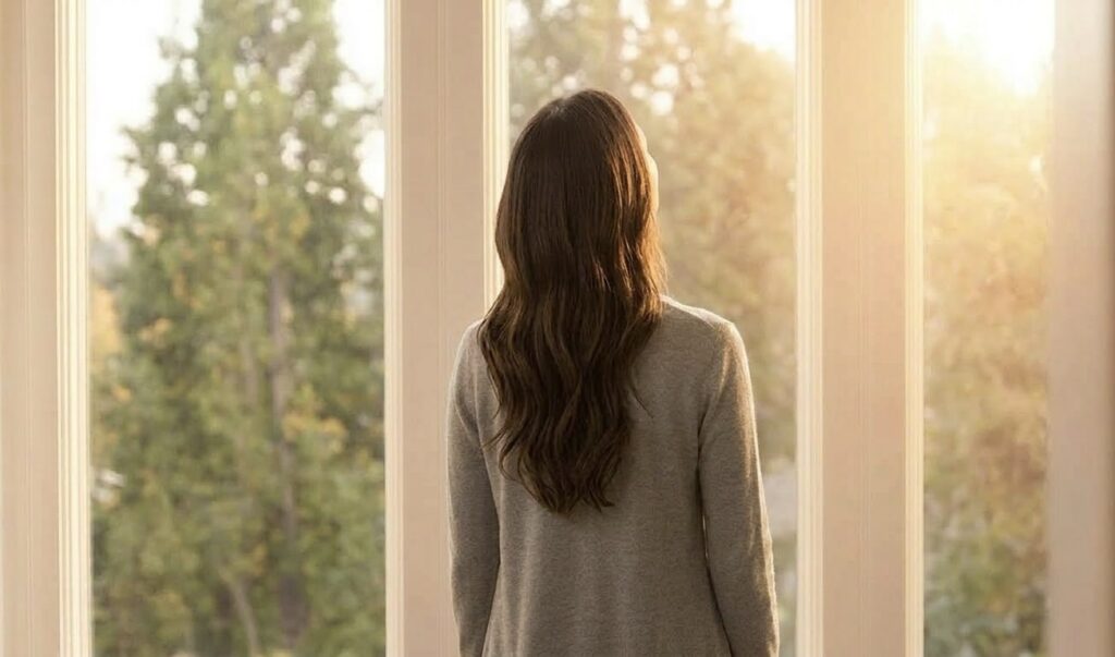 希望の光を見ている女性