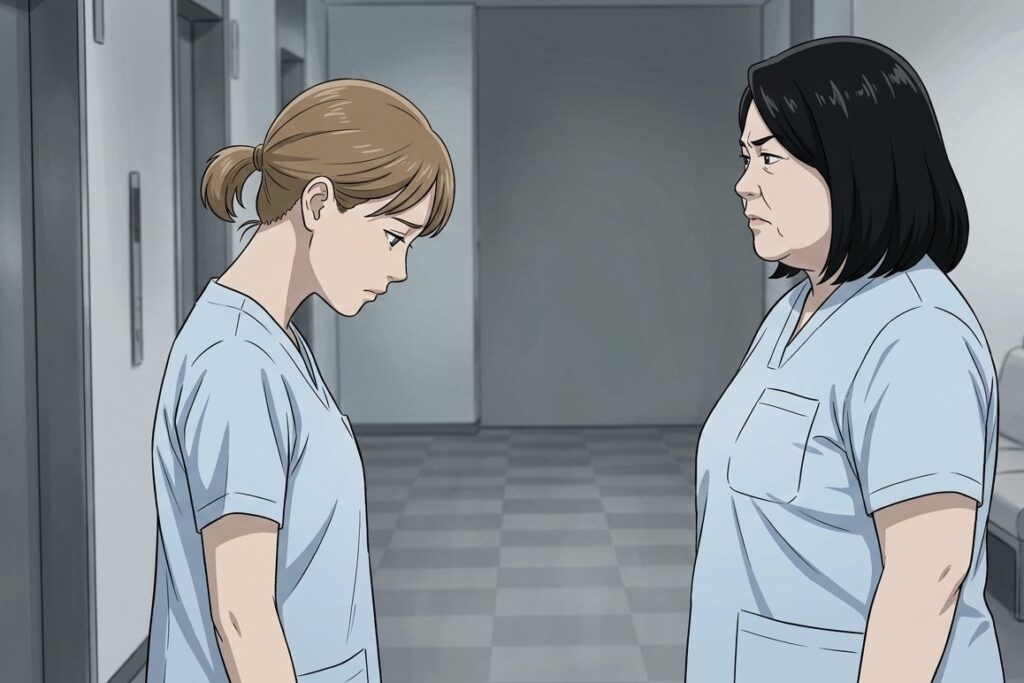 お局看護師に怒られて辛そうにしている若手看護師