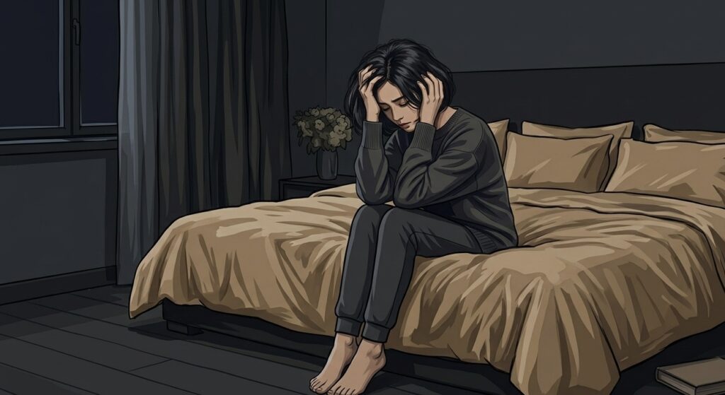 暗い部屋で頭を抱えて思い悩んでいる女性