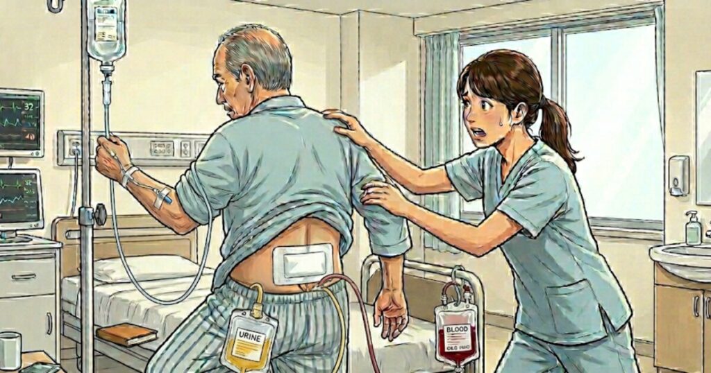術後の安静を守れない患者を必死で止める看護師