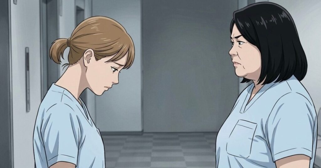 先輩看護師に怒られている後輩看護師