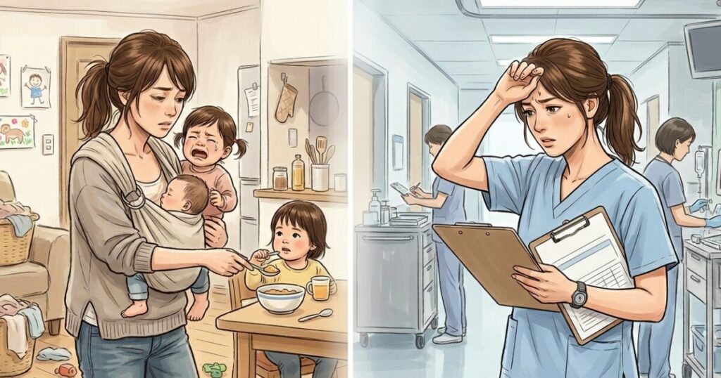 育児を頑張っている女性と、看護師の仕事を頑張っている女性