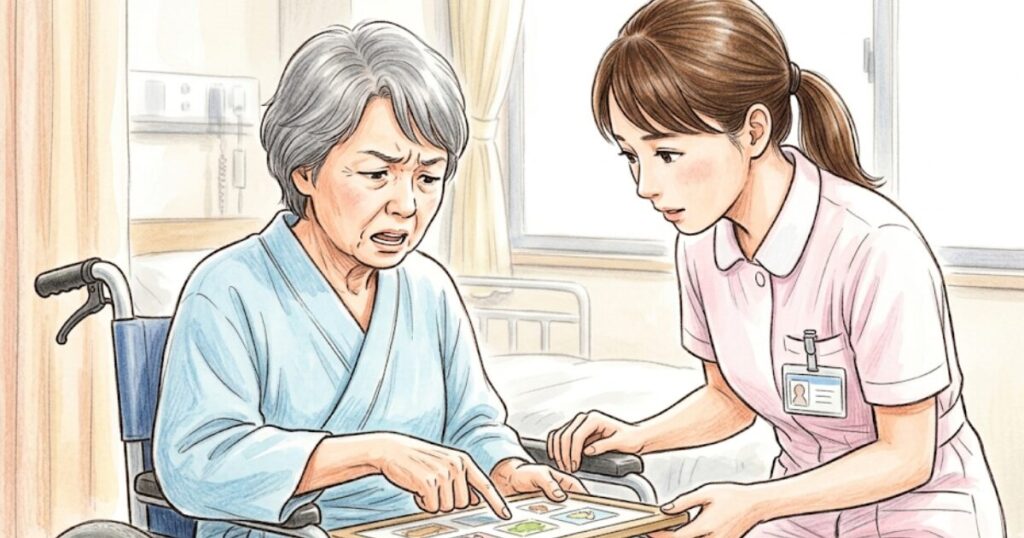 失語の患者さんの対応をする看護師