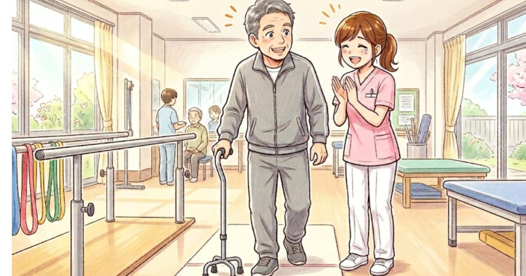 リハビリで良くなっていった患者をみて喜ぶ看護師